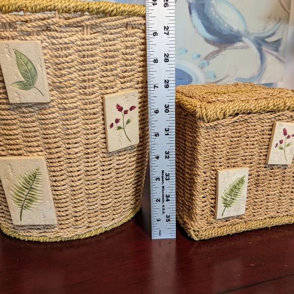 Vintage Wicker Trash Can & Tall Tissue Box Cover Bohemian EUC Floral Tiles 2 Pcs - Picture 9 of 12